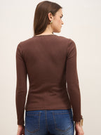 Brown Rib Lace Insert Detail Top