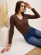 Brown Rib Lace Insert Detail Top