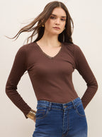 Brown Rib Lace Insert Detail Top
