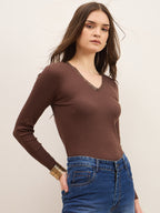 Brown Rib Lace Insert Detail Top