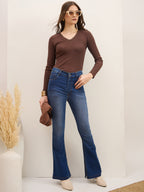 Brown Rib Lace Insert Detail Top