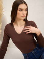 Brown Rib Lace Insert Detail Top