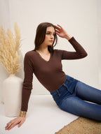 Brown Rib Lace Insert Detail Top