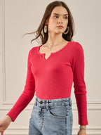 Magenta V-Neck Rib Top
