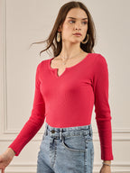 Magenta V-Neck Rib Top