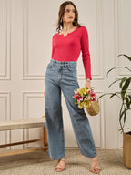 Magenta V-Neck Rib Top