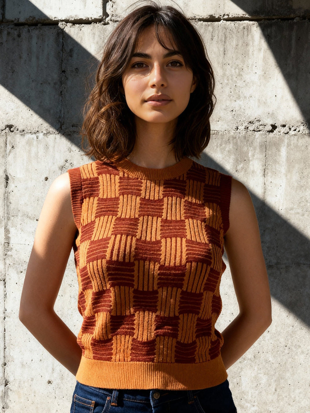 Brown and mustard yellow regular top