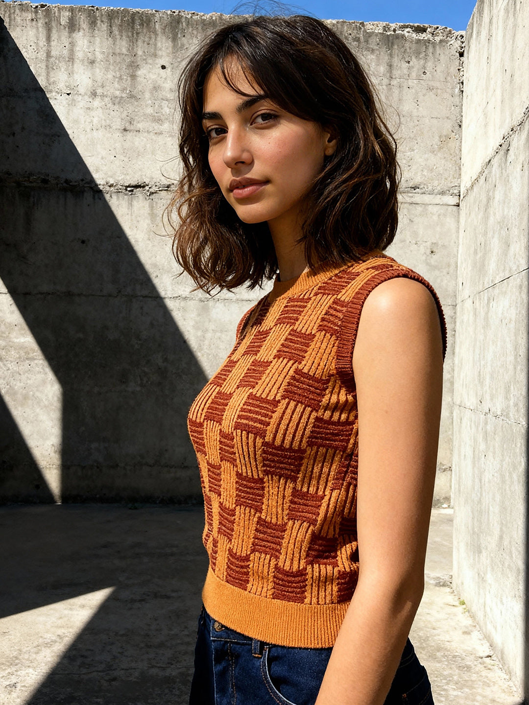 Brown and mustard yellow regular top