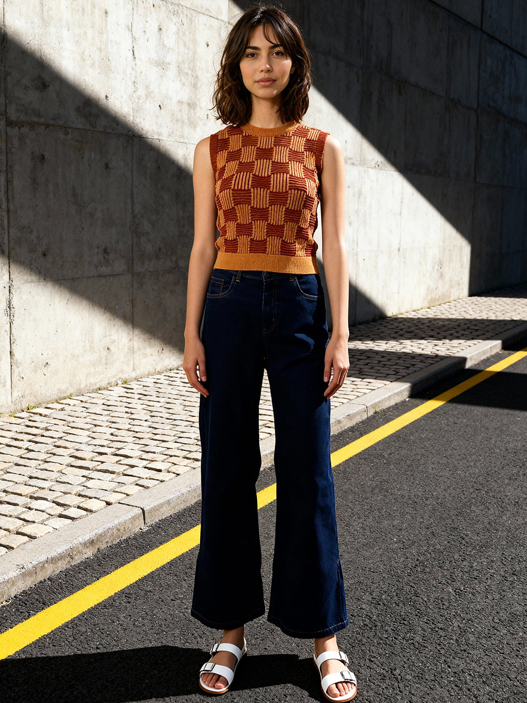 Brown and mustard yellow regular top