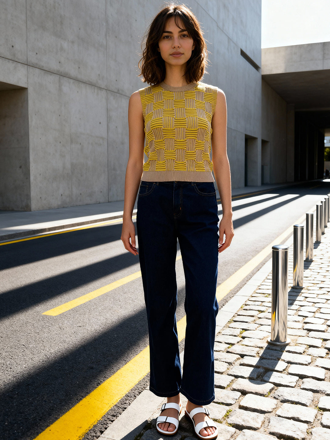 Mustard and grey regular top