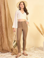 Dark Beige Roma Front Button Jeggings