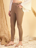 Dark Beige Roma Front Button Jeggings