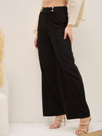 Black Knitted Front Pintuck Straight Pants