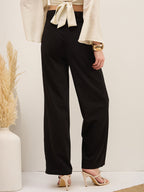 Black Knitted Front Pintuck Straight Pants