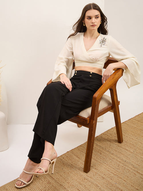 Black Knitted Front Pintuck Straight Pants