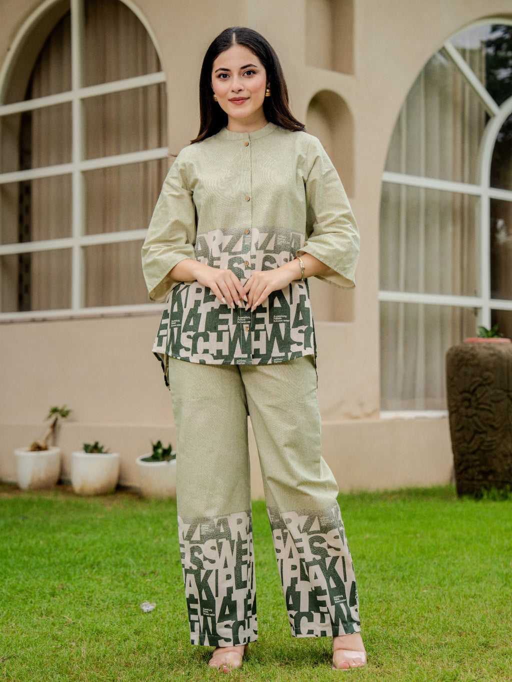 Cotton abstract text printed Shirt With Trouser Co-Ords Set
