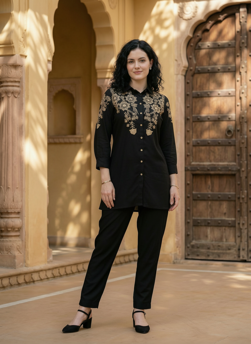 Zummer Women Black Floral Embroidered Rayon Co-Ord Set